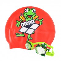 Комплект: очки + шапочка для плавания детские Arena Bubble Set /92295-20/ Жабка зелені окуляри червона шапочка