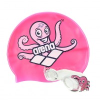 Комплект: очки + шапочка для плавания детские Arena Bubble Set /92295-20/ Восьменіг білі окуляри рожева шапочка