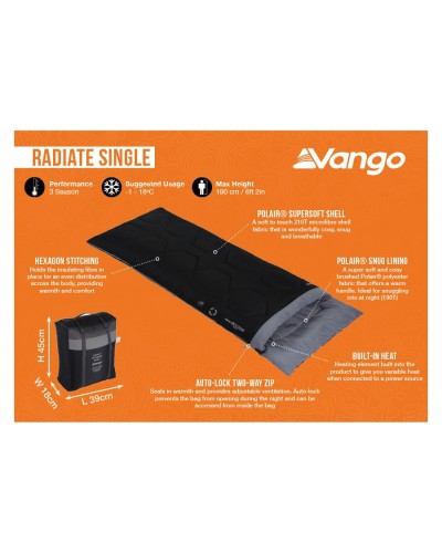 Спальний мішок з підігрівом Vango Radiate Single/-3°C Black Left (SBQRADIATB05TJ8)